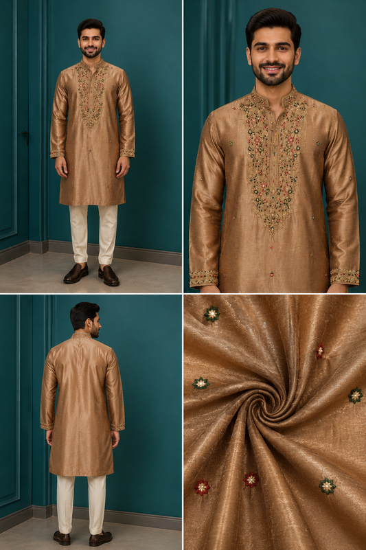 Beige Gold Embroidered Dupion Kurta