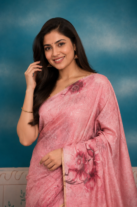 Blush Pink Organza Embroidery Saree