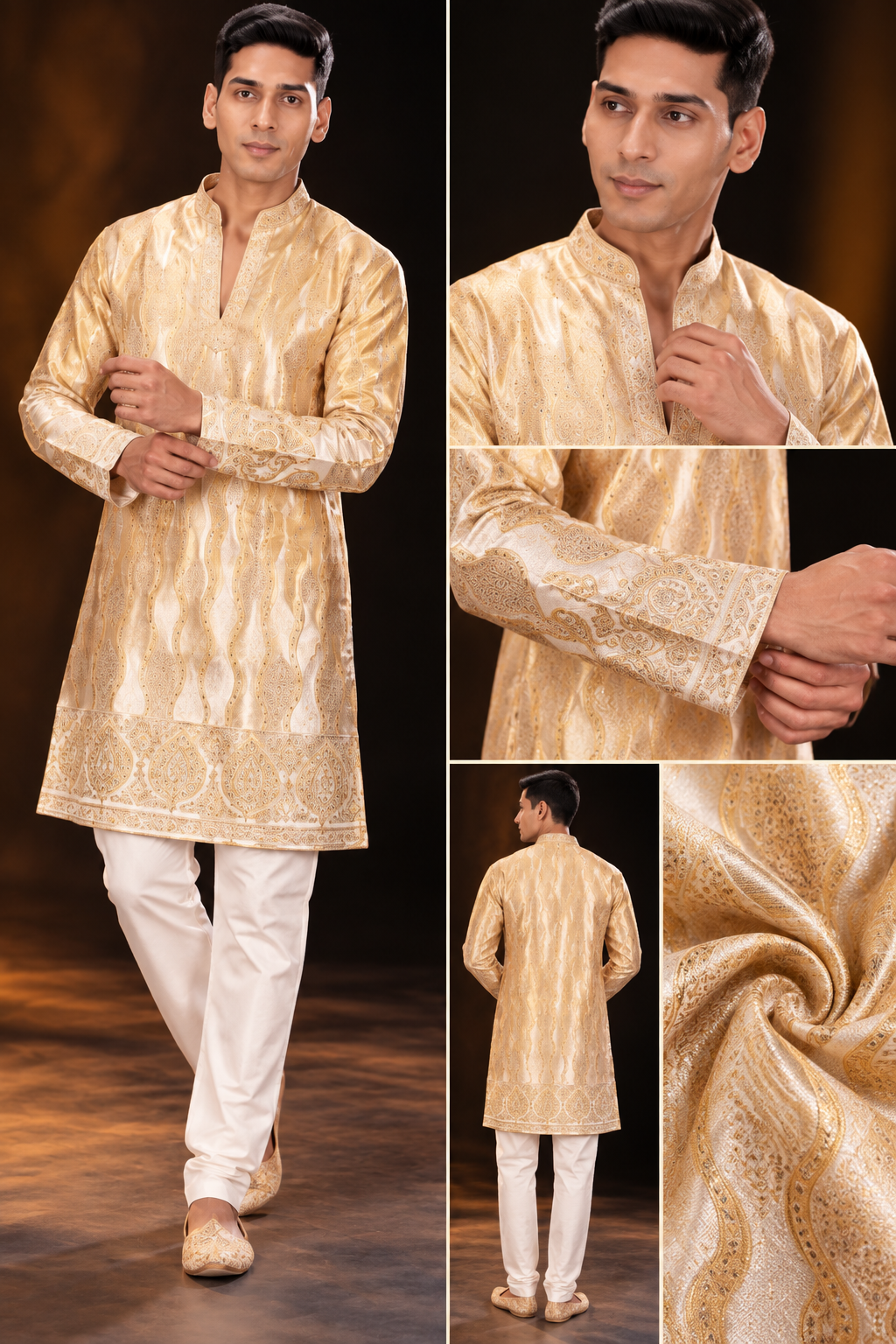 Premium Golden Embroidered Kurta Pajama for Men