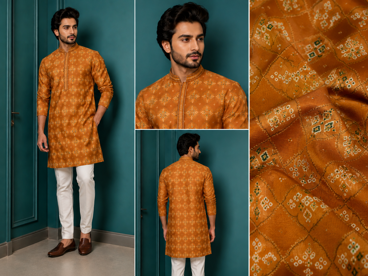Mustard Orange Geometric Printed Festive Kurta for Men