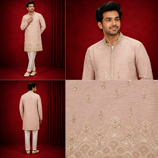 Blush Pink Embroidered Festive Kurta Set for Men