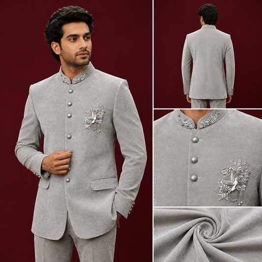 Silver Grey Embroidered Indo-Western Jodhpuri Set