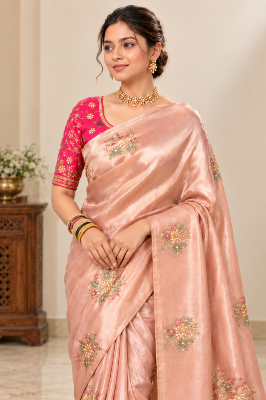 Blush Pink Floral Silk Saree