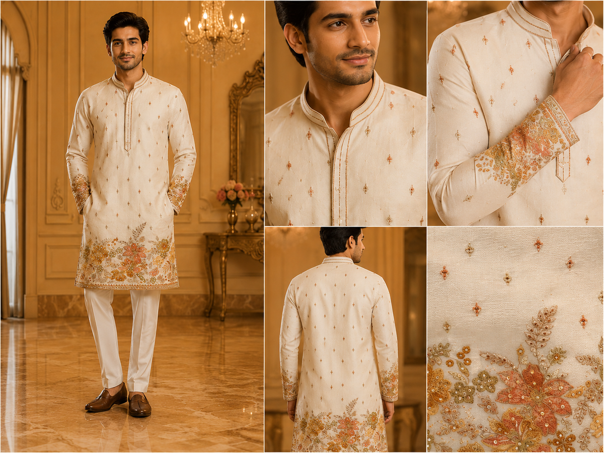 Ivory Floral Embroidered Men’s Festive Kurta