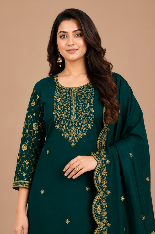 Dark Teal Embroidered Kurta Pant & Dupatta Set for Women