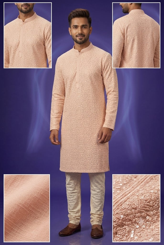 Men’s Peach Embroidered Ethnic Kurta