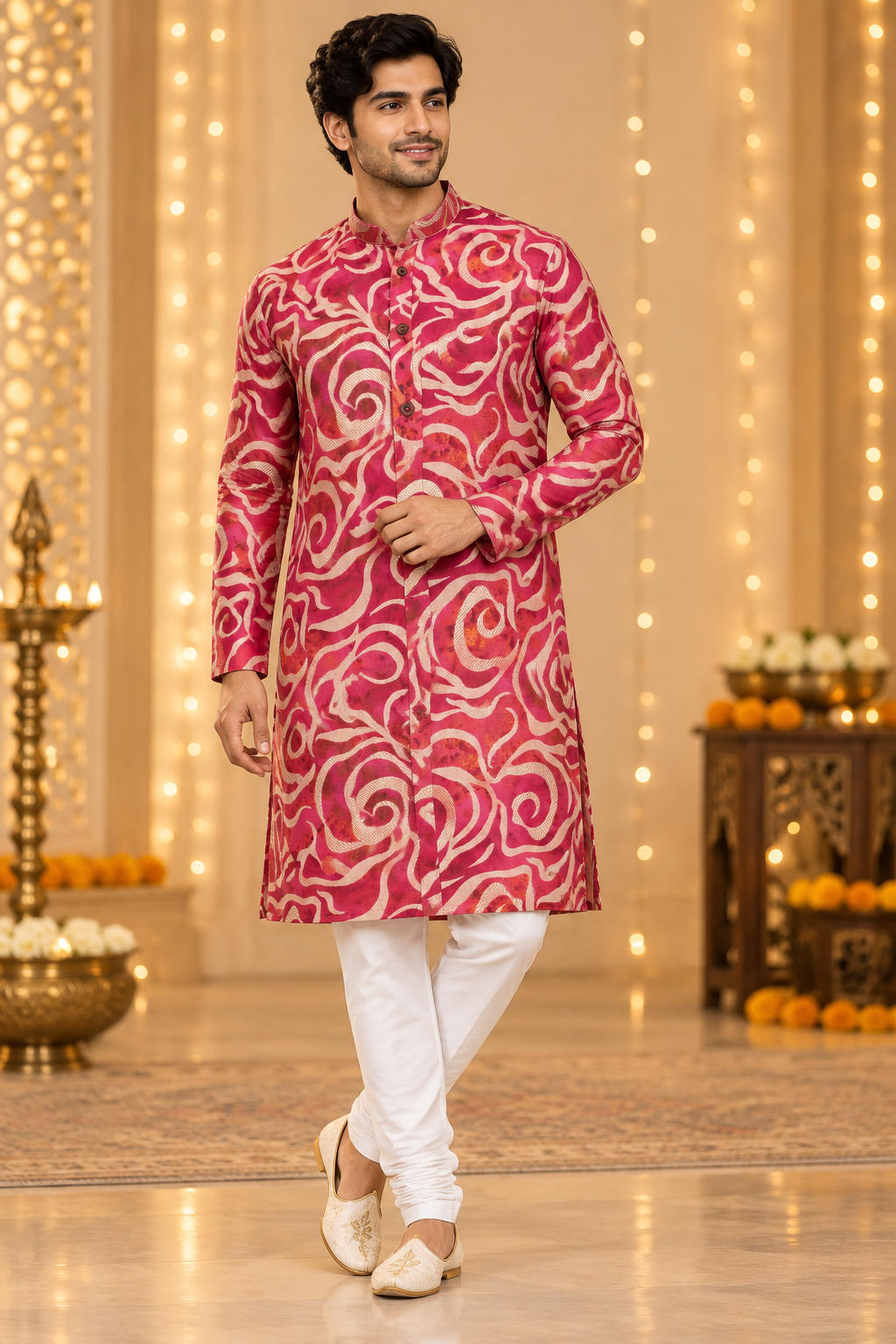 Rani Pink Abstract Print Festive Kurta
