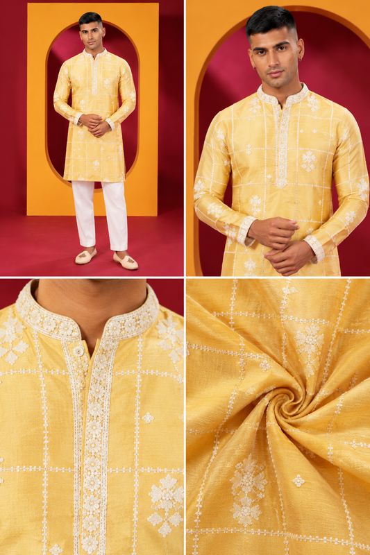 Men's Premium Light Yellow Embroidered Kurta with White Pant Set