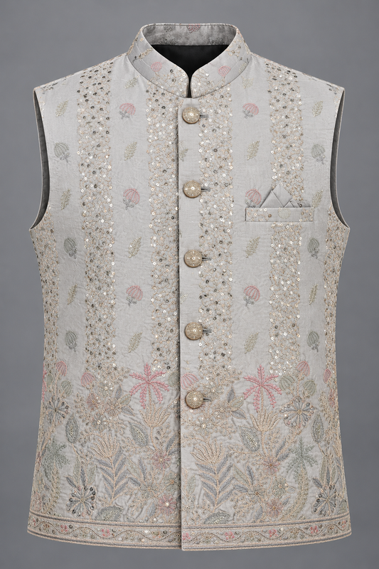 Premium Silver Grey Embroidered Modi Jacket