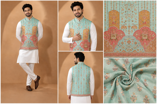 Aqua Blue Heritage Printed Nehru Jacket
