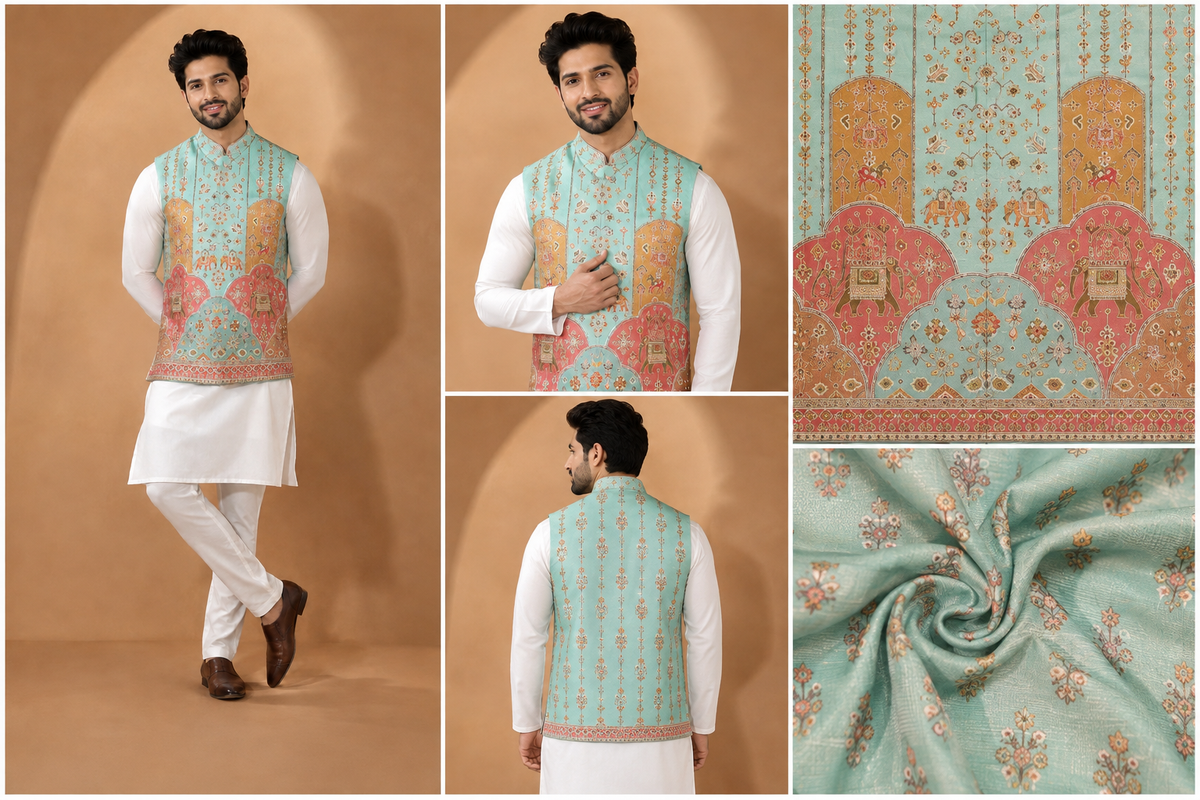 Aqua Blue Heritage Printed Nehru Jacket