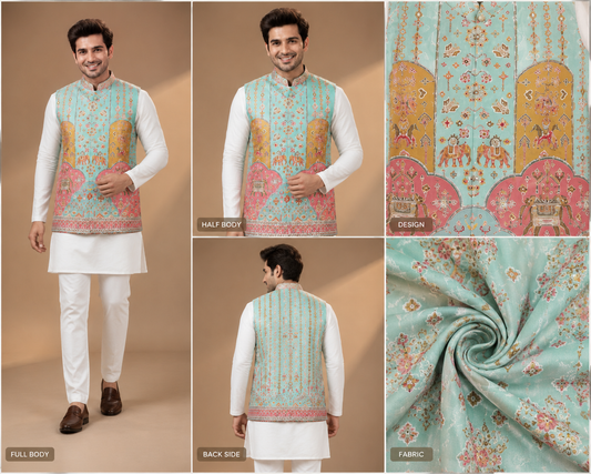Aqua Blue Heritage Printed Nehru Jacket