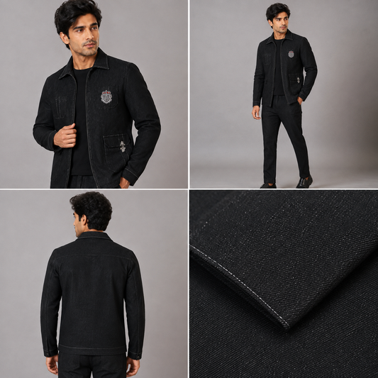 Black Embroidered Utility Jacket Set for Men