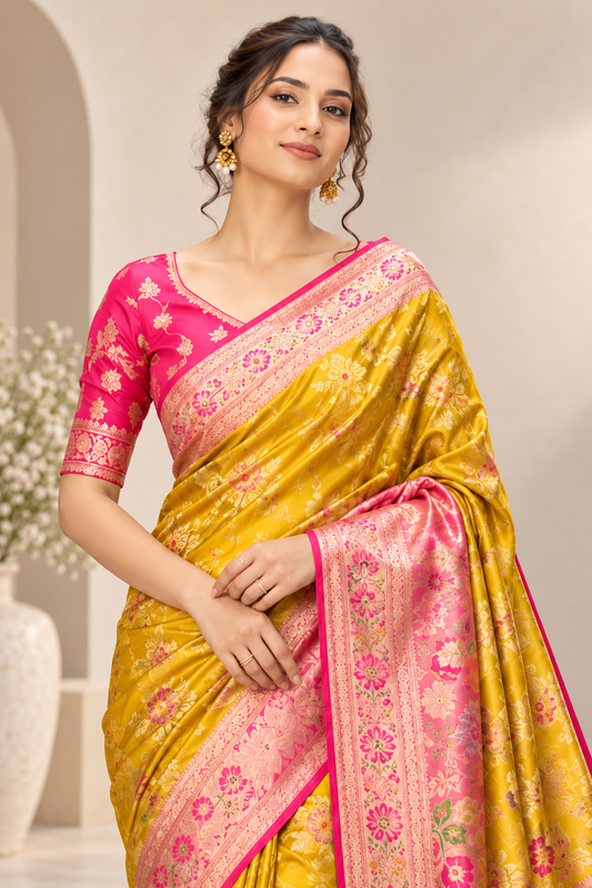 Mustard Gold Floral Banarasi Silk Saree