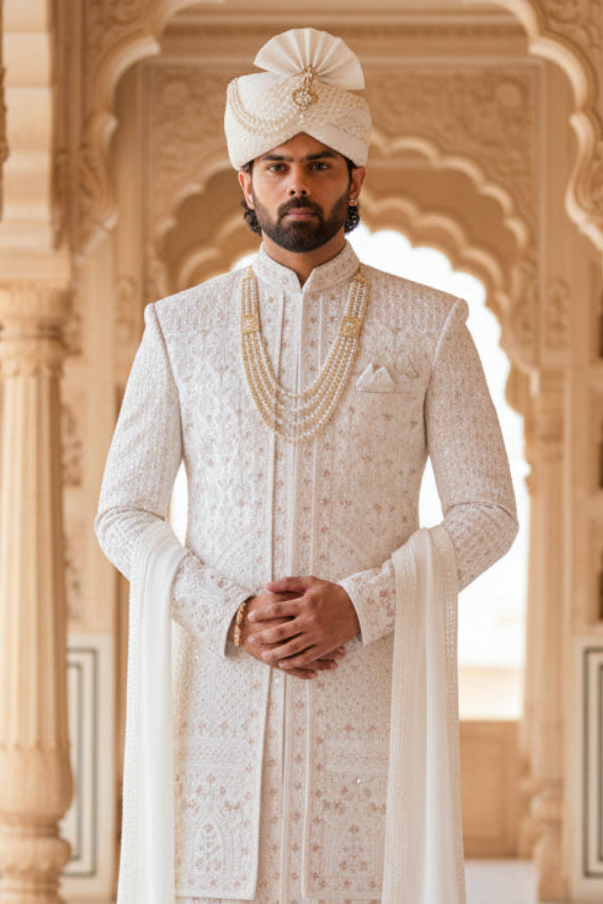 Ivory Gold Regal Sherwani Silk Jacquard Patterned Royal Wedding Ensemble