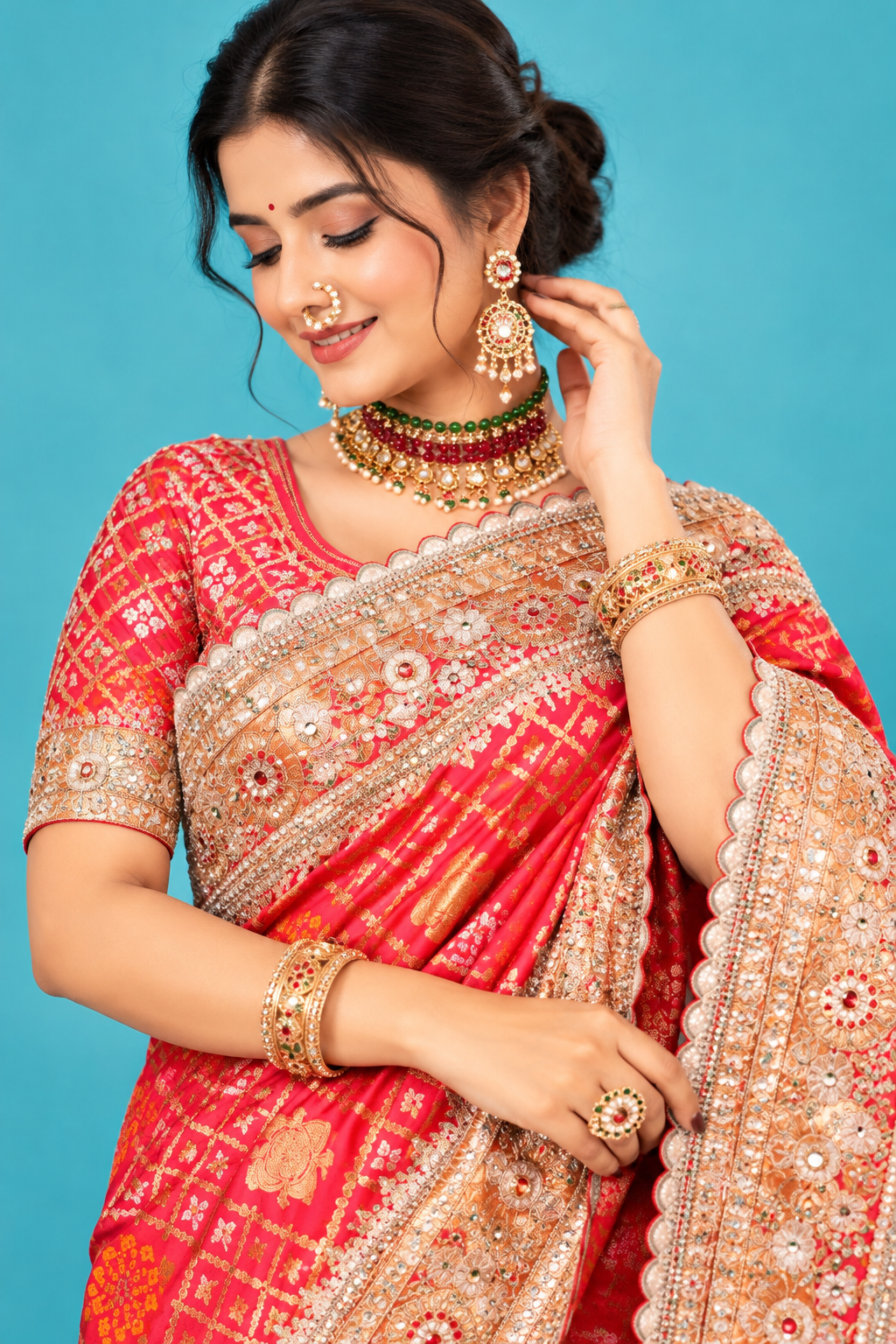 Elegant Red & Orange Designer Saree with Heavy Embroidered Border