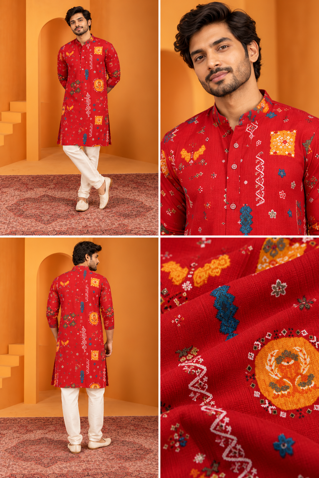 Men's Red Printed Ethnic Only Kurta