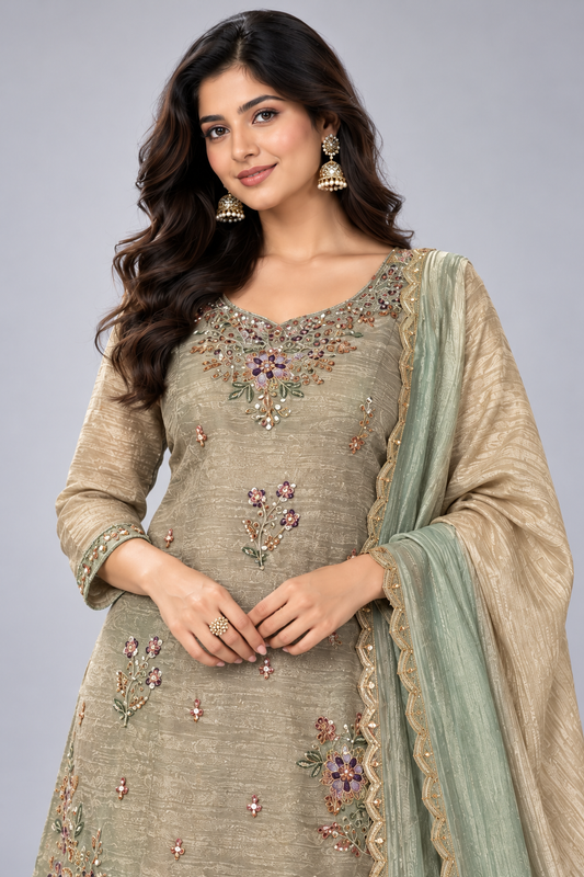 Elegant Sage Green Embroidered Kurta Sharara Set with Dupatta