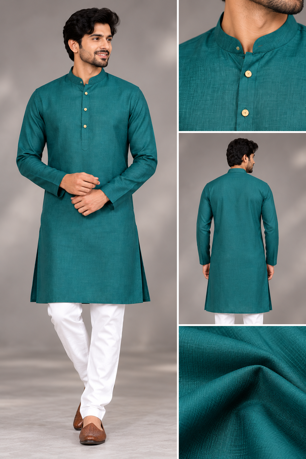 Men's Teal Green Solid Kurta with White Pajama