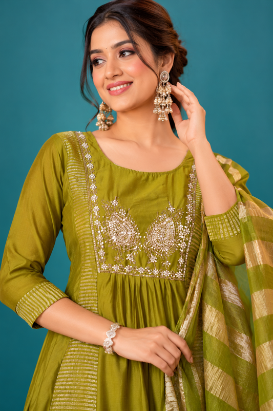 Olive Green Festive Embroidered Anarkali Set