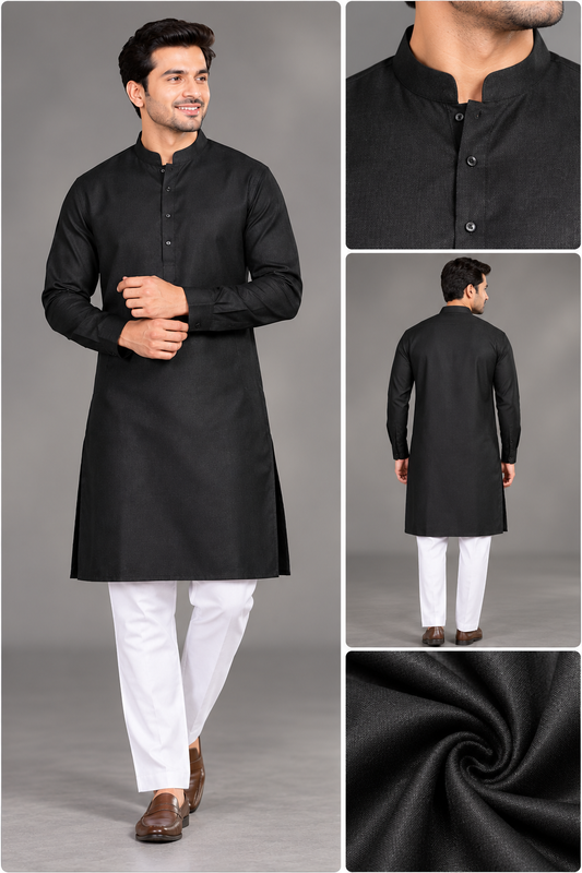 Classic Black Solid Kurta with White Pant for Men