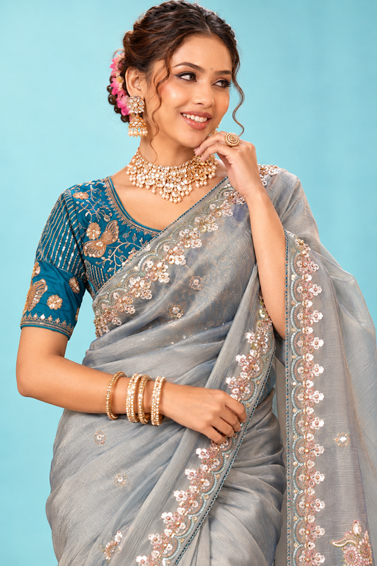 Elegant Silver Grey Designer Saree with Delicate Floral Embroidery