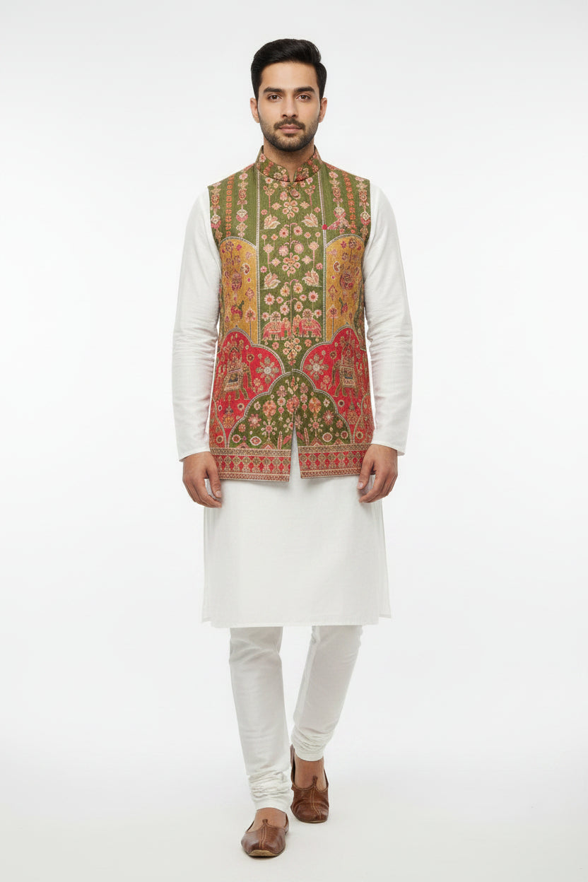 Olive Green Heritage Printed Nehru Jacket
