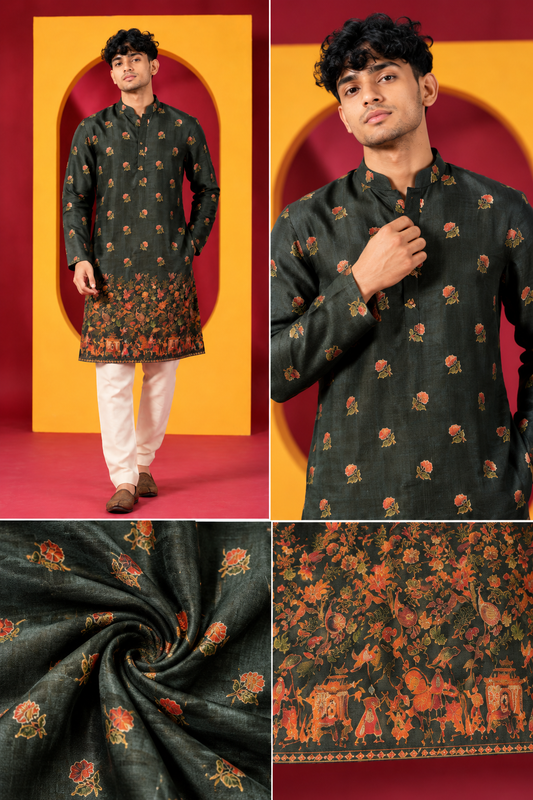 Men's Premium Dark Olive Green Floral Printed Kurta with White Pant Set
