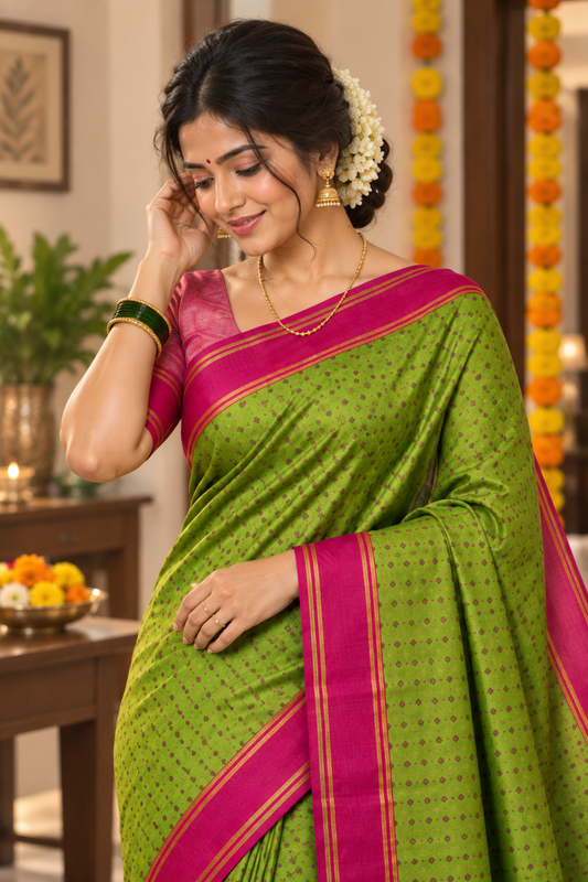 Green Saree with Rani Pink Border & Striped Pallu