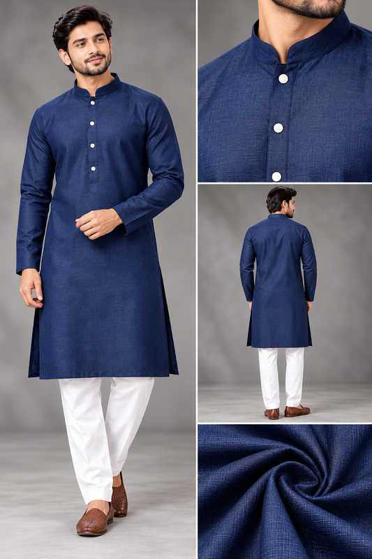 Men's Classic Navy Blue Mandarin Collar Kurta Set