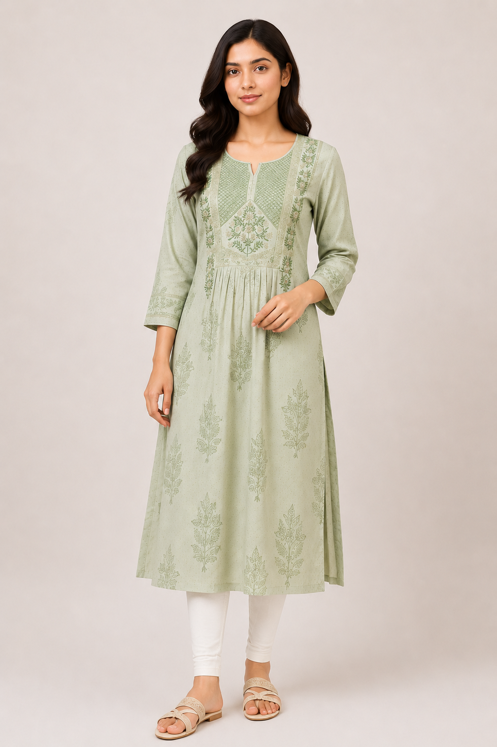 Pista Green Printed Anarkali Kurti for Women