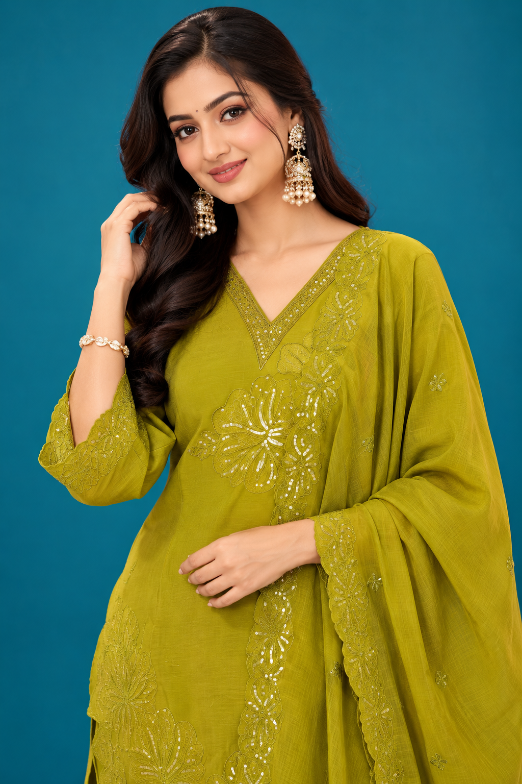Olive Green Embroidered Festive Dress