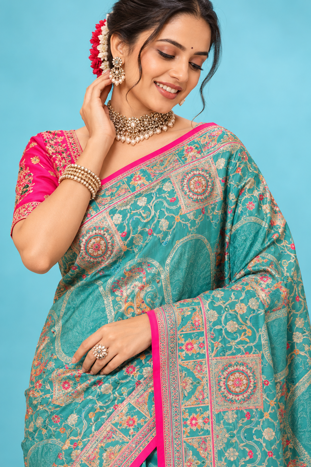 Elegant Turquoise Blue Designer Saree with Golden Traditional Motifs & Rich Pink Border