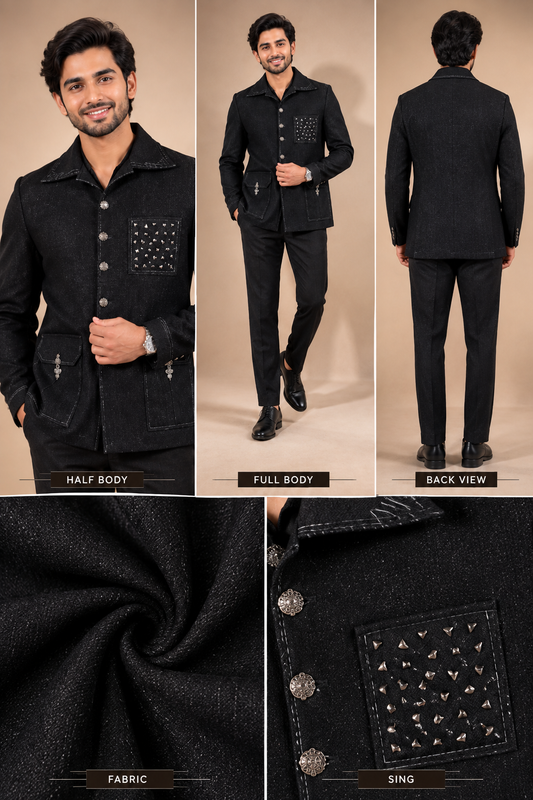 Black Embellished Utility Jacket Suit for Men