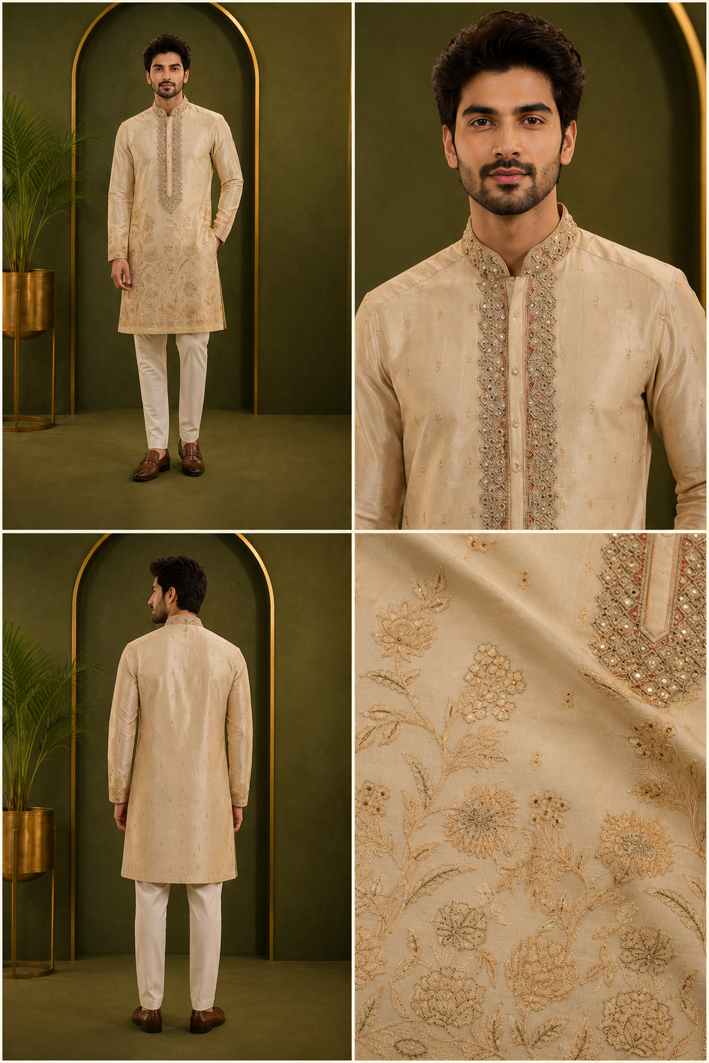 Champagne Beige Floral Embroidered Men’s Festive Kurta