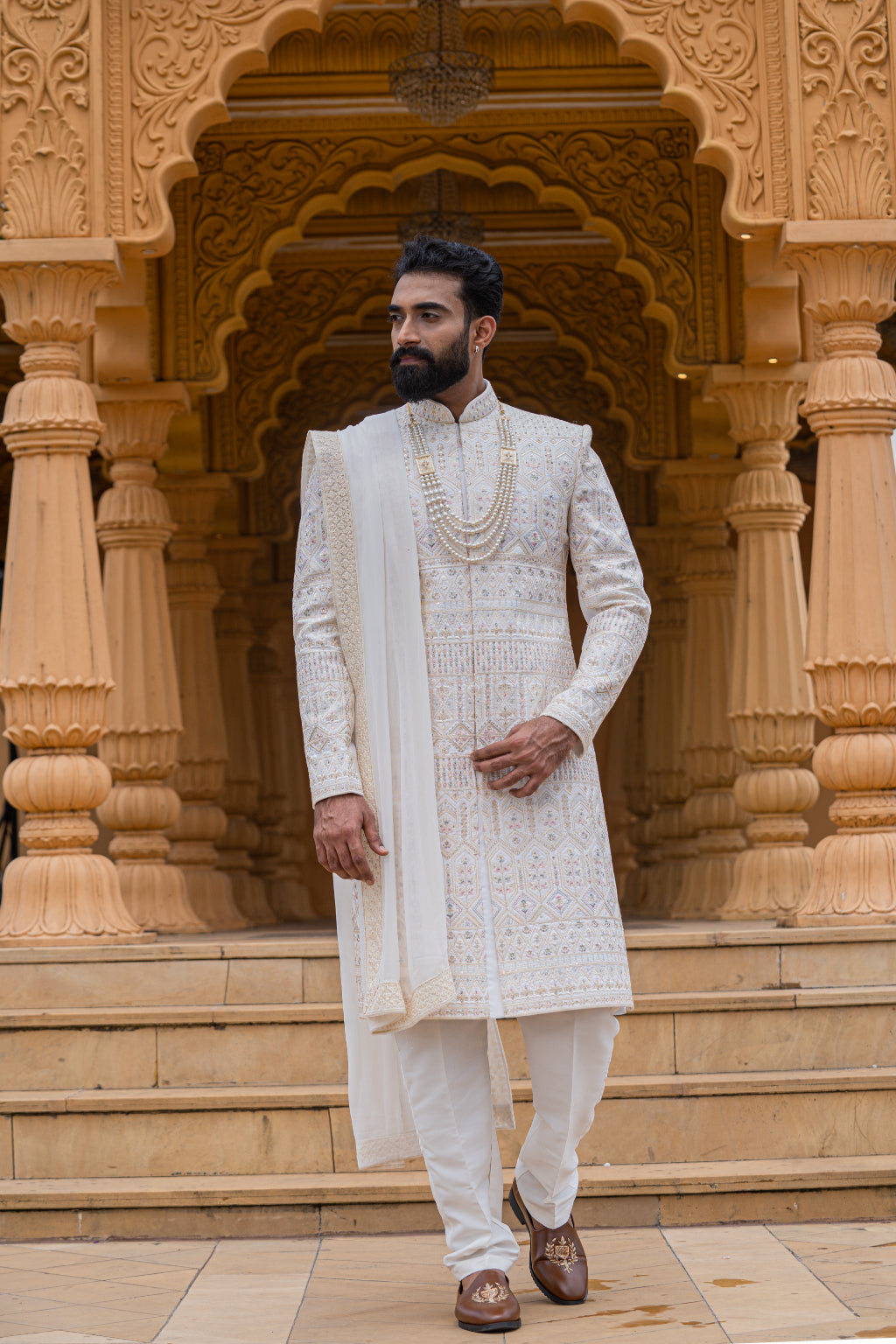 Ivory Embroidered Sherwani with Dupatta