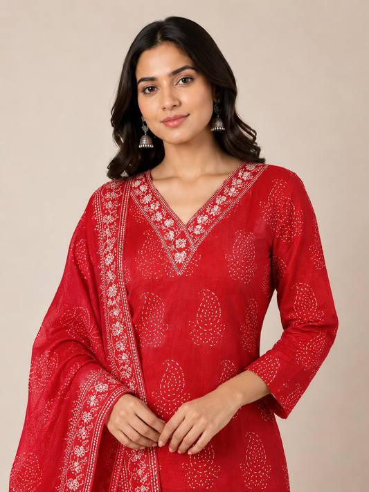 Women’s Red Printed Dupatta Set