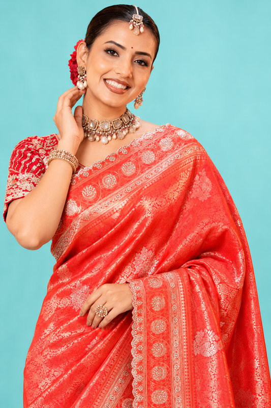 Royal Coral Red Designer Saree with Golden Zari Woven Motifs & Rich Traditional Pallu