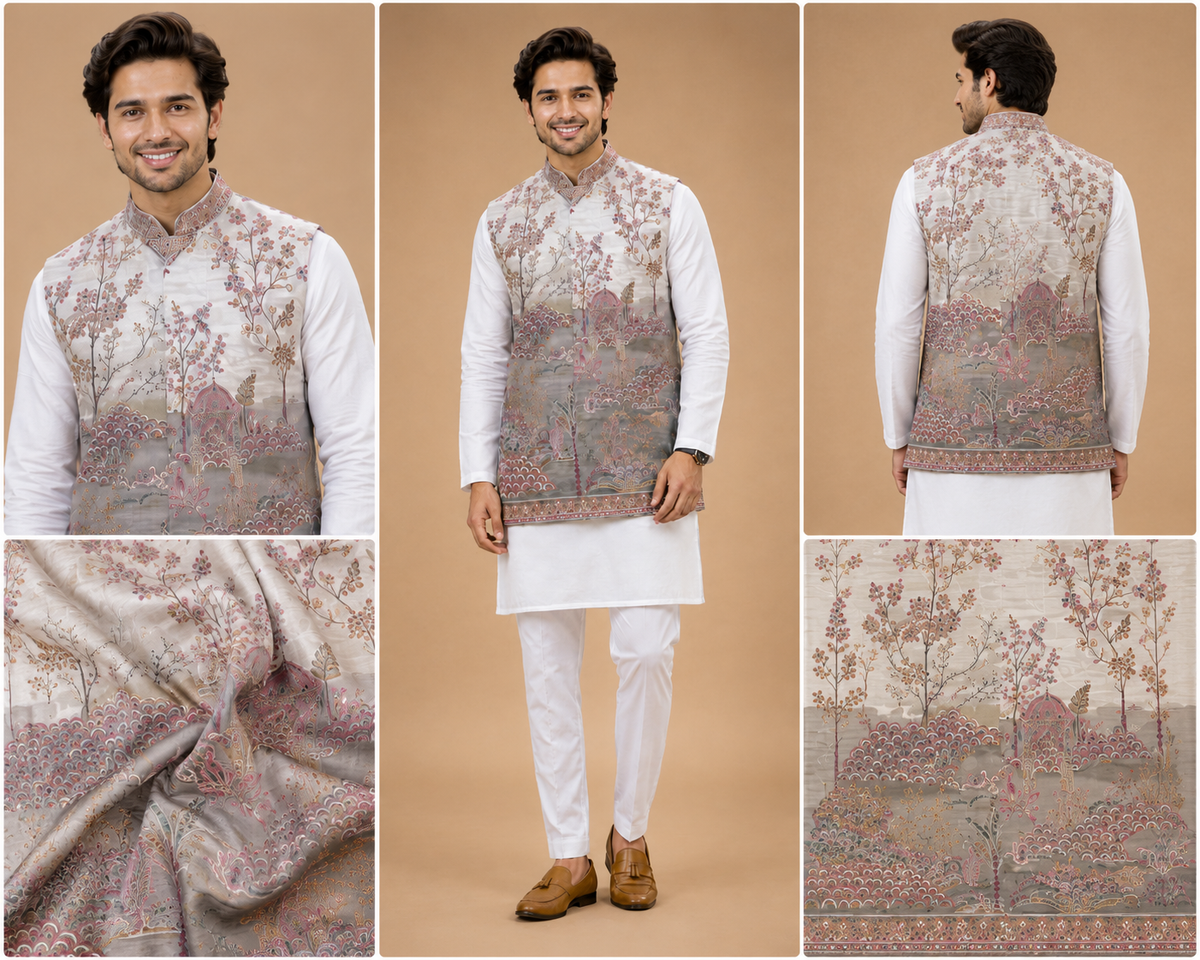 Ivory Grey Heritage Printed Nehru Jacket