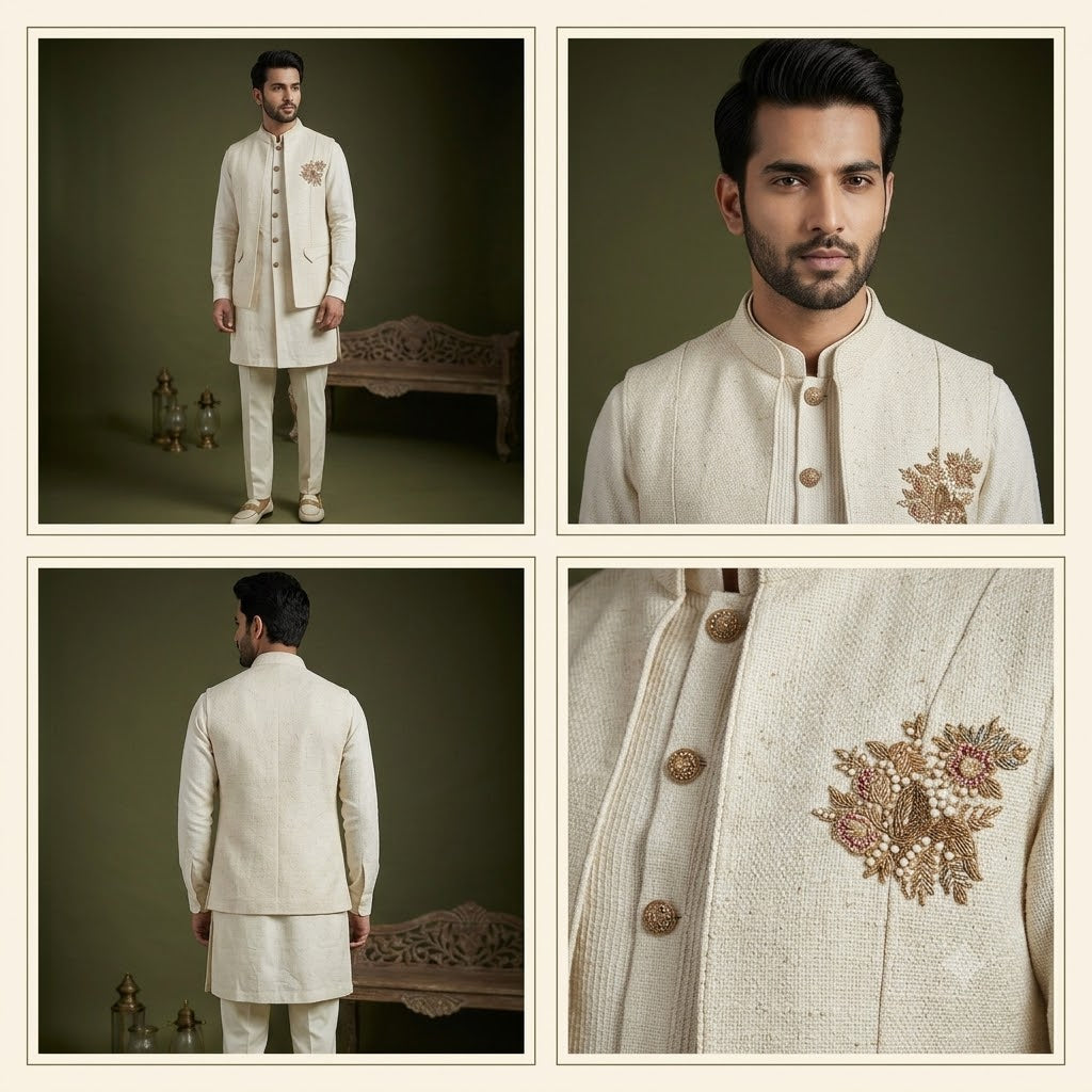 Ivory Embroidered Indo-Western Jacket Kurta Set