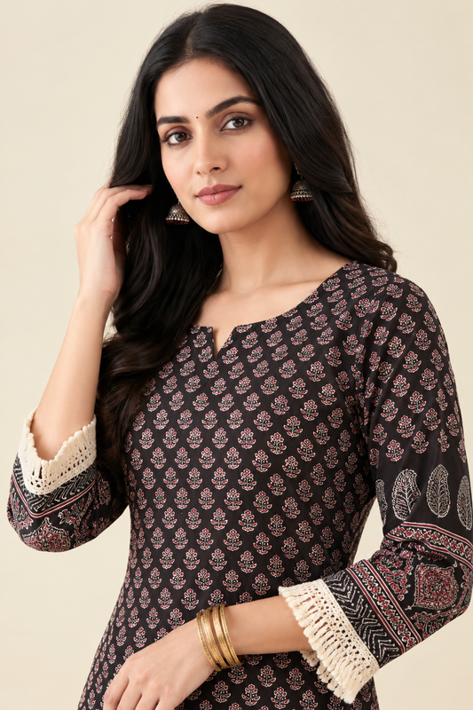 Black Printed Straight Kurta with Matching Pants & Fringe Border Detail