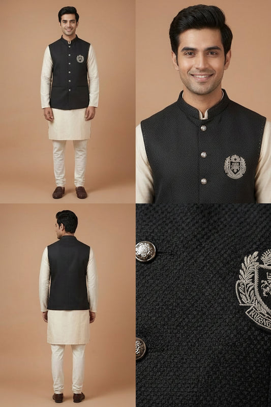 Black Textured Nehru Jacket
