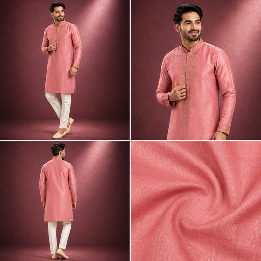Peach-Pink Embroidered Kurta for Men