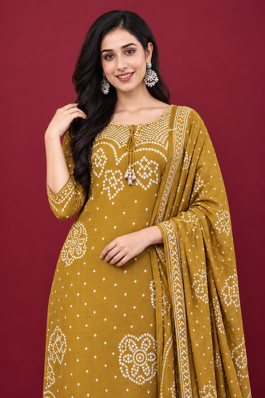 Mustard Bandhani Print Kurta Set with Dupatta