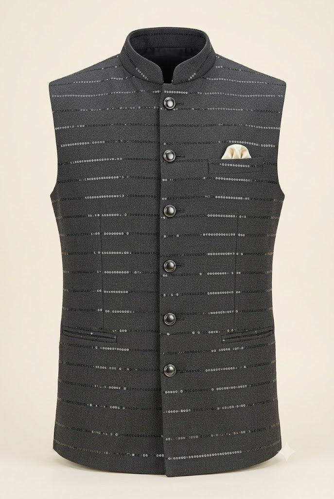 Charcoal Black Sequin Stripe Nehru Jacket