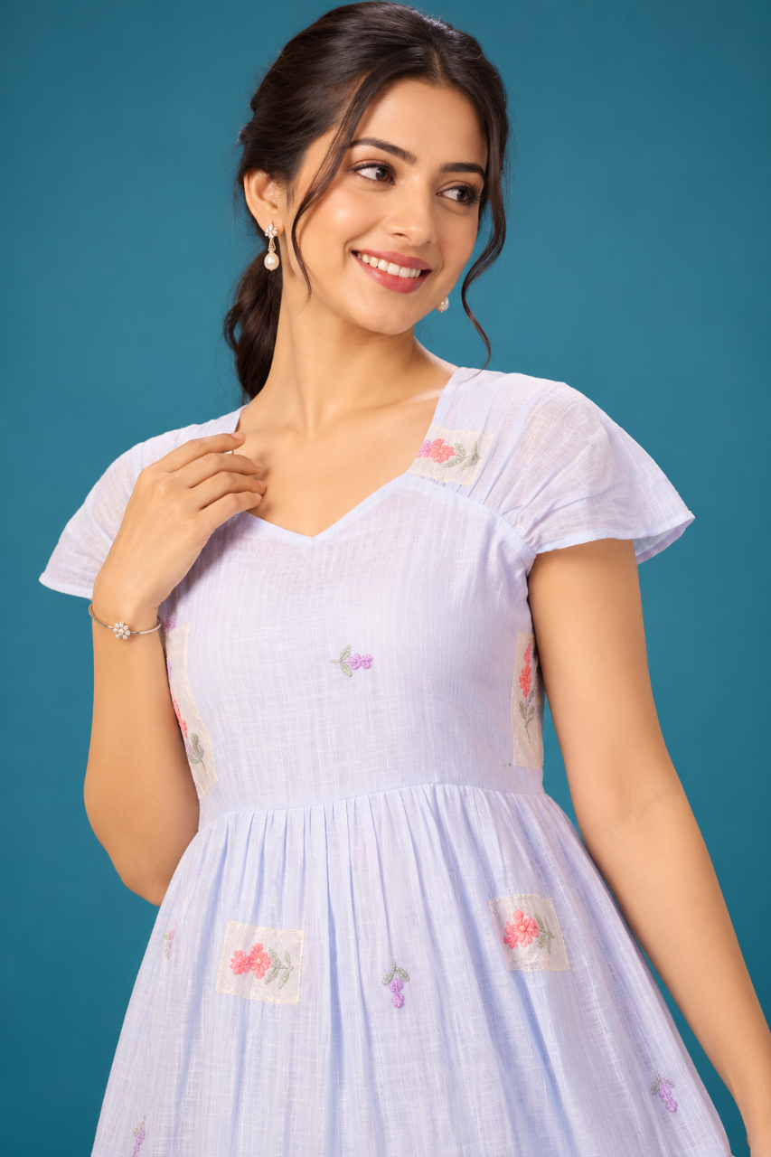 Pastel Blue Floral Tiered Dress