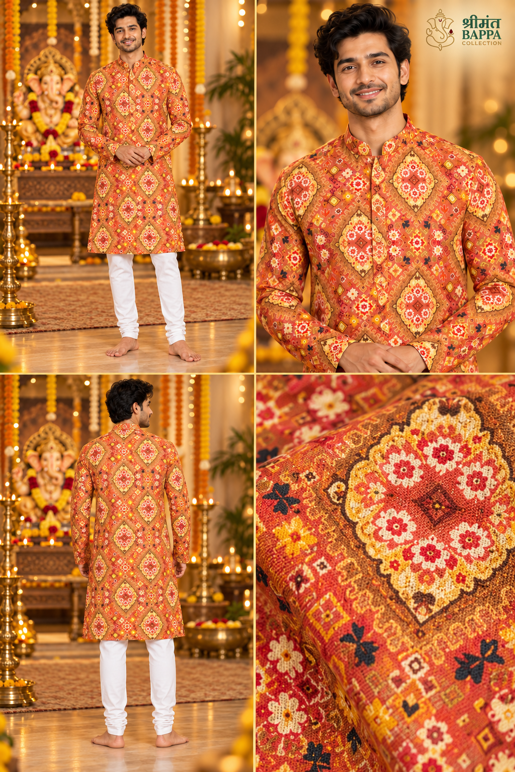Men's Orange and Yellow Geometric Printed Long Sleeve Kurta