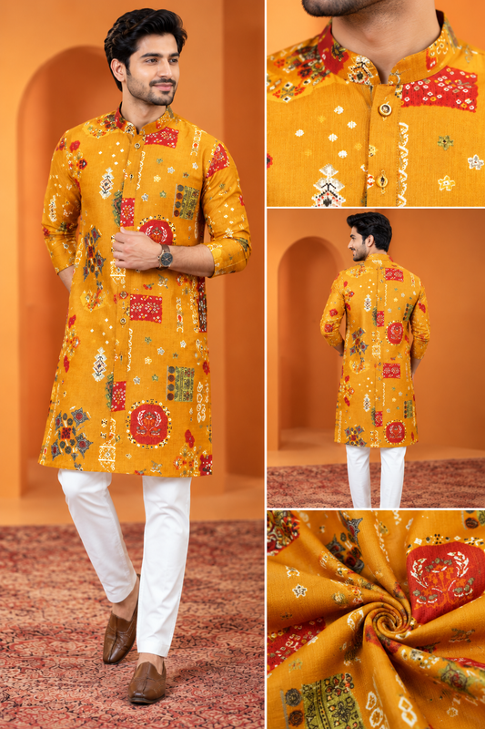 Mustard Yellow Printed Men's Ethnic Kurta