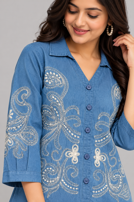 Women's Blue Denim Embroidered Co-Ord Set