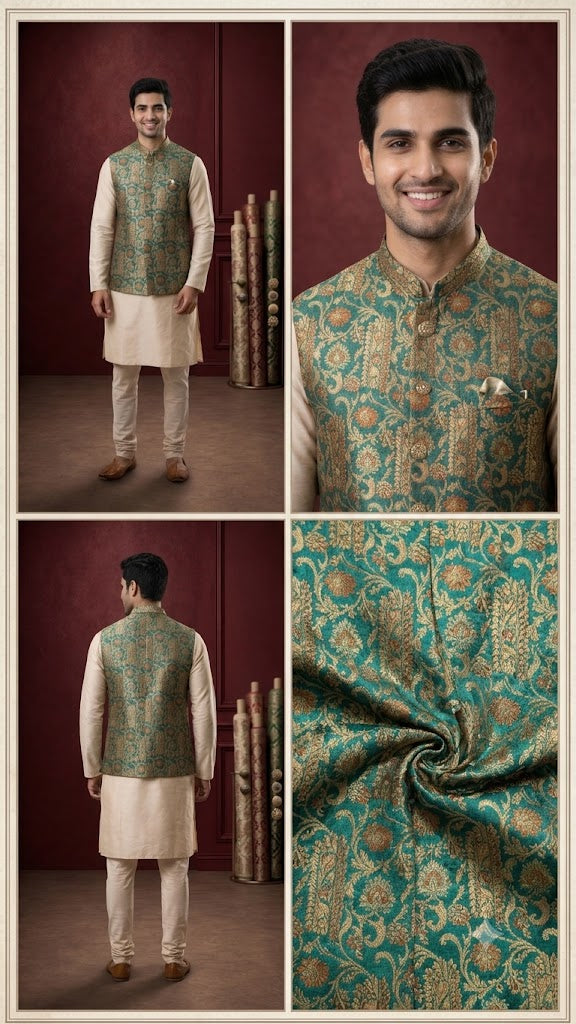 Men’s Teal Green Brocade Nehru Jacket